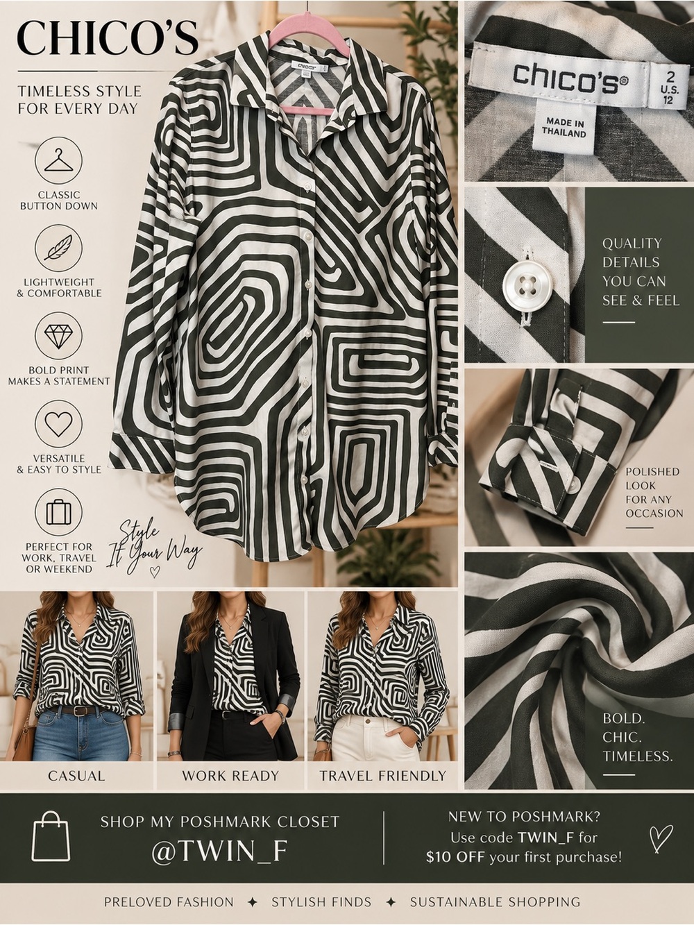Chico’s Size 2 US 12 Black White Geometric Button Down Shirt Artsy Tunic